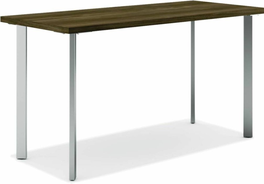 HON Coze 42 Inch Walnut Home Office Desk with Silver Metal Base - Sturdy Computer Work Table for Modern Spaces