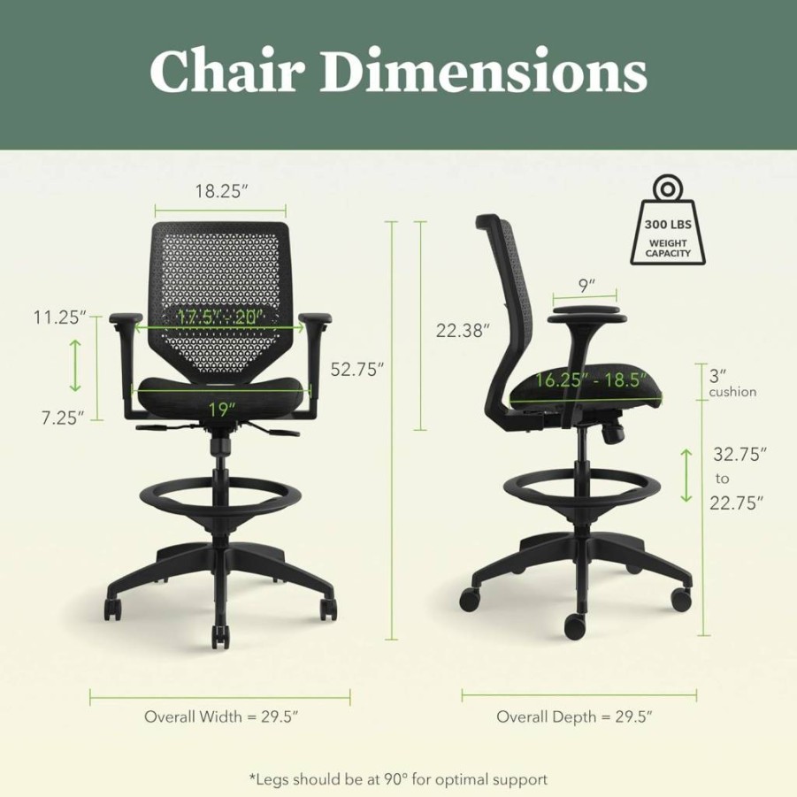 HON Solve Ergonomic Standing Desk Chair with High Back Support, Adjustable Height and Foot Rest for Office Comfort