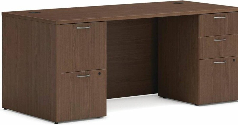HON Mod Executive 60" W Java Oak Office Desk with Drawers and Pedestal, Modern Home Computer Workstation