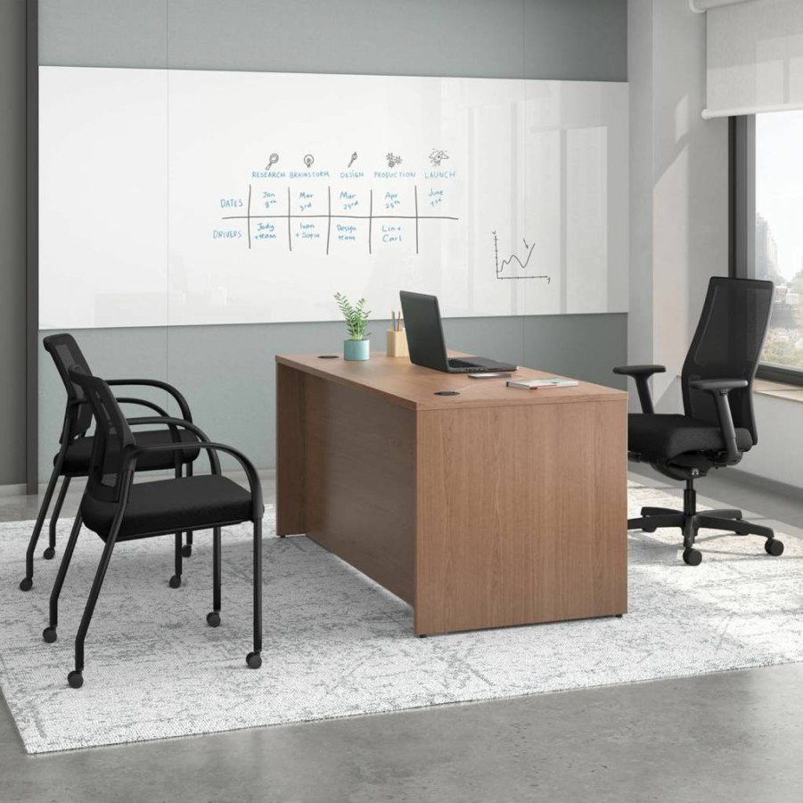 HON Mod Executive 60" W Java Oak Office Desk with Drawers and Pedestal, Modern Home Computer Workstation