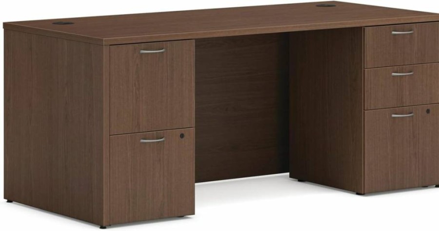 HON Modern 60" Executive Office Desk with Double Drawers, Slate Teak Computer Desk for Home Office, Durable Double Pedestal Workstation