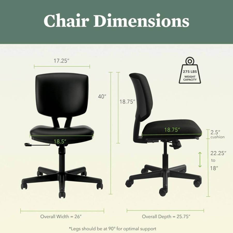HON Volt Ergonomic Office Chair - Adjustable Tilt Recline, Leather Swivel Desk Chair, Black Armless Executive Chair
