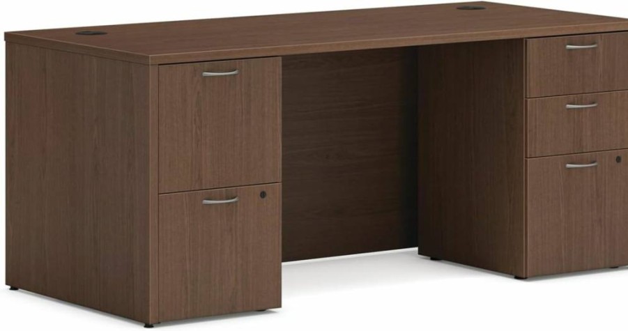 HON Modern 66" Walnut Executive Office Desk with Double Drawers, Computer Workstation for Home Office, Mod Double Pedestal Design
