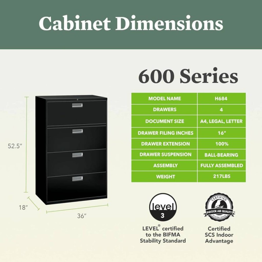 HON 4-Drawer Lockable Lateral File Cabinet, Black Metal Office Storage for A4/Legal/Letter Files, 18" Depth, Adjustable Hangrails